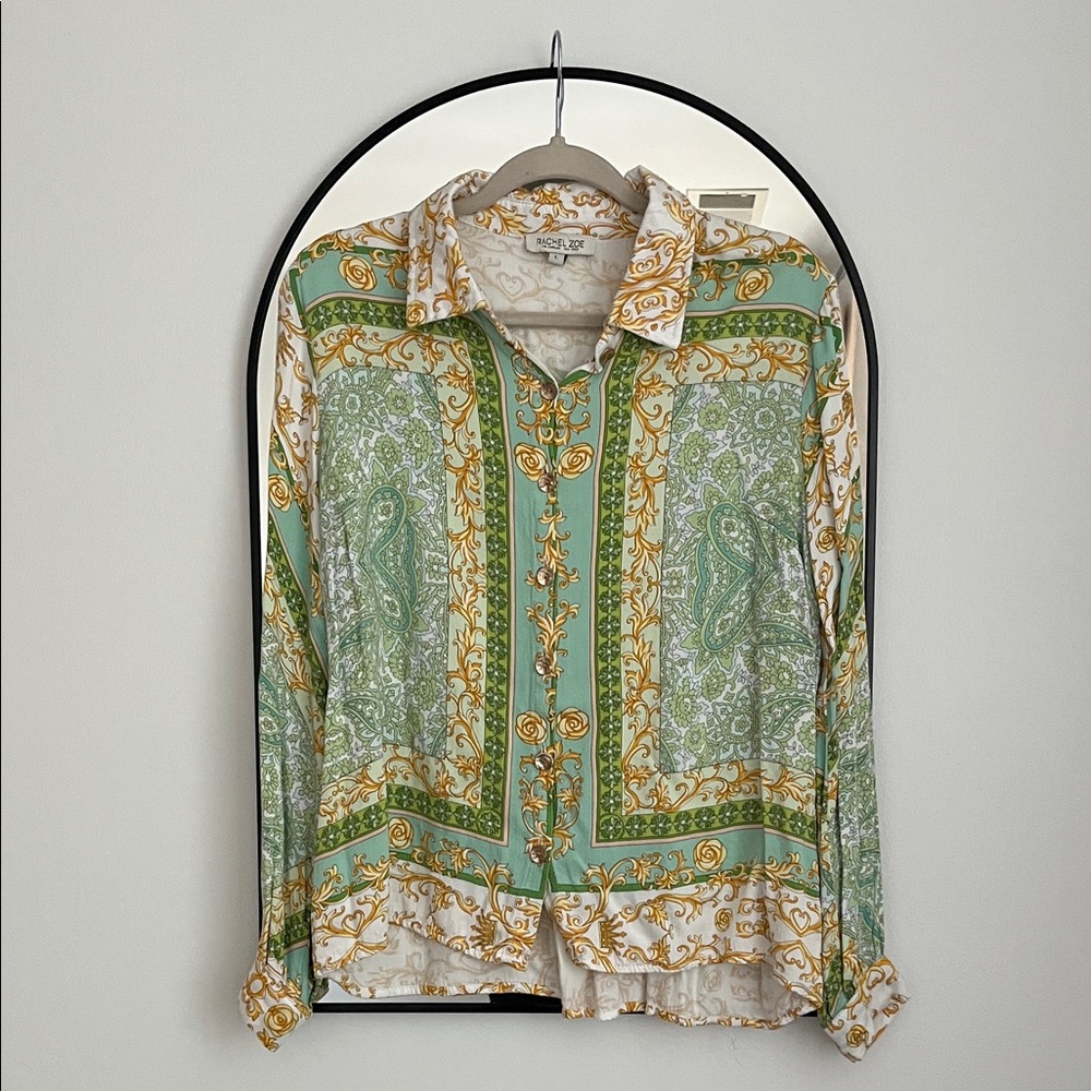 🎊5/$50 Silk-Feel Paisley Print Button-Up Shirt - Green/Gold